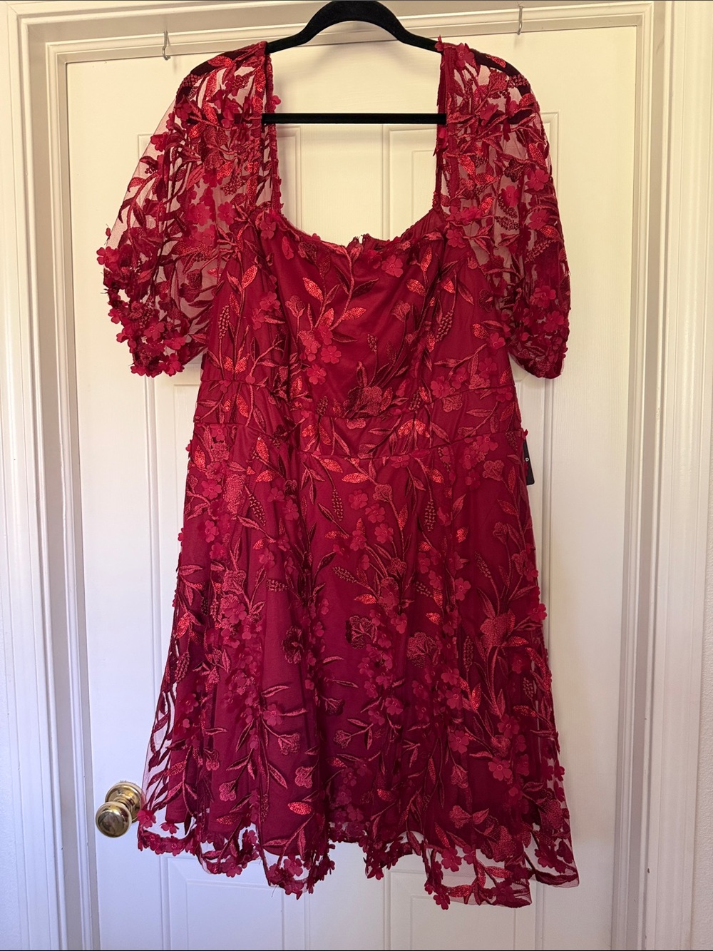 torrid Red Floral Embroidered Midi Dress with Puff Sleeves